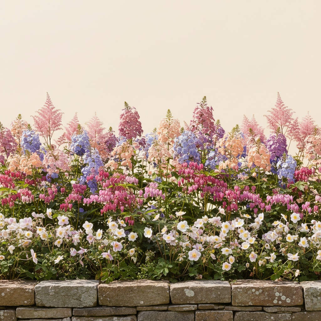 En liten 8 m² bädd i full sol — planerad för barrotsplantor. Här samsas Astilbe japonica 'Europa', Höstflox 'Amethyst', Höstflox 'Sherbet Blend', Löjtnantshjärta rosa/röd och Anemone 'Mistral Tigre', valda för att trivas tillsammans.