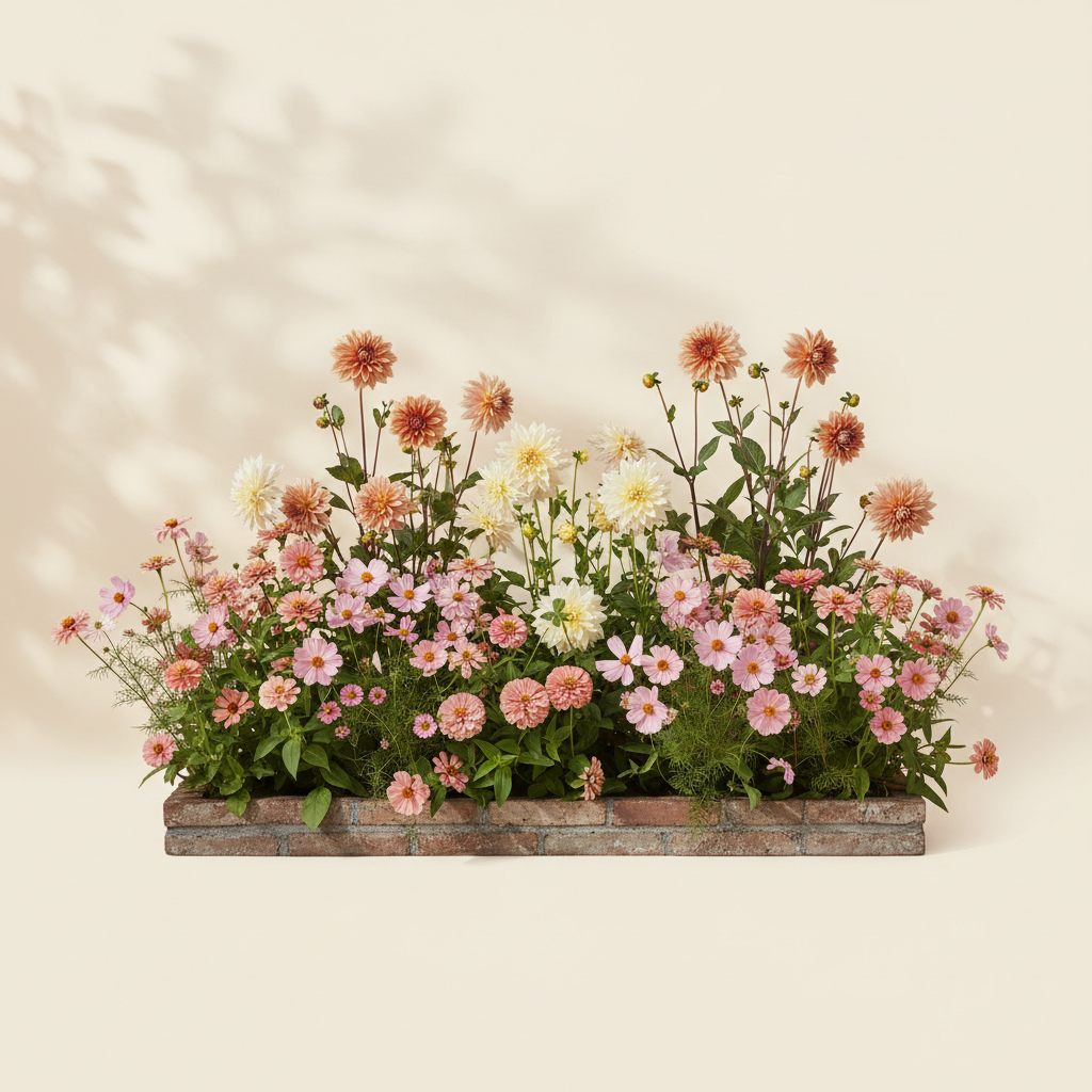 Rabatt med dahlia, zinnia, rosenskära i halvskugga – 1 m² snittblomsterbädd