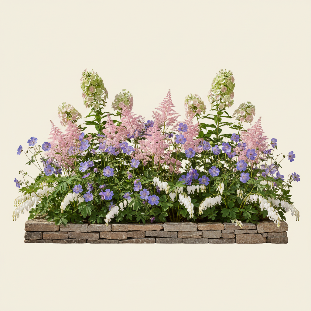 Rabatt med höstflox, astilbe, näva i full sol – 6 m² perennrabatt