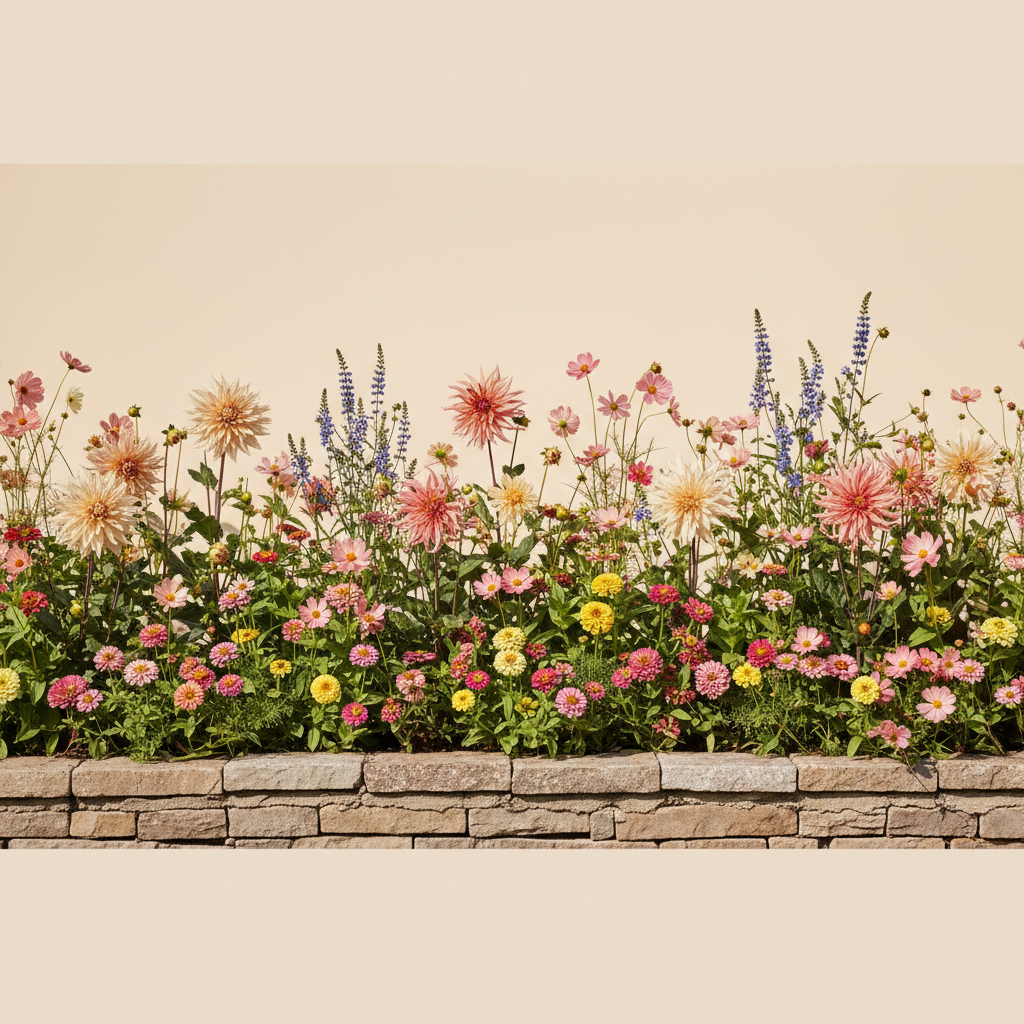 Rabatt med dahlia, zinnia, cosmos i full sol – 2 m² snittblomsterbädd