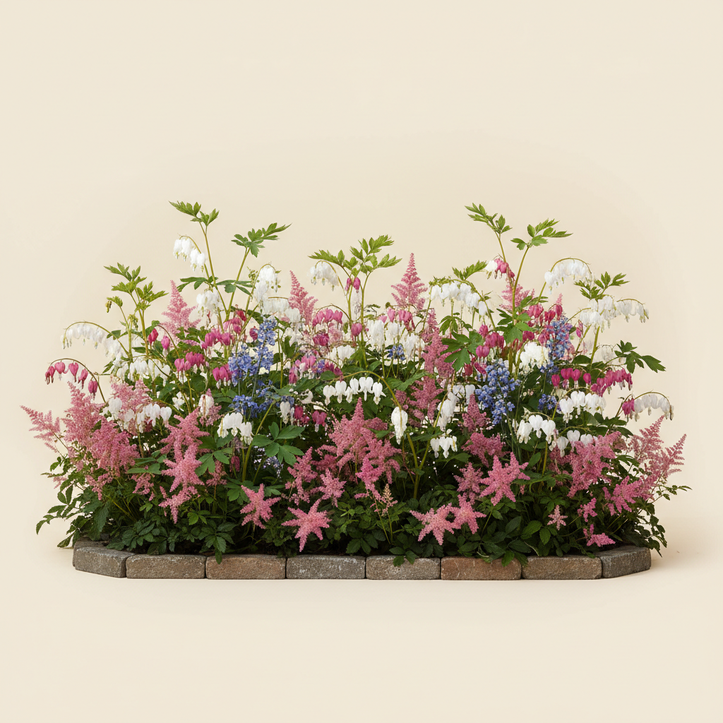 Rabatt med löjtnantshjärta, astilbe i halvskugga – 2 m² perennrabatt