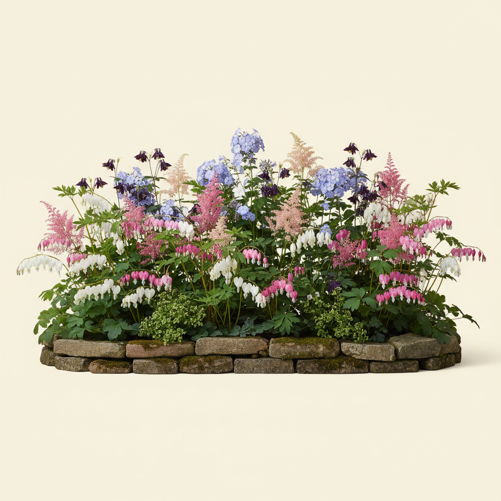 Rabatt med löjtnantshjärta, astilbe, höstflox i halvskugga – 6 m² perennrabatt