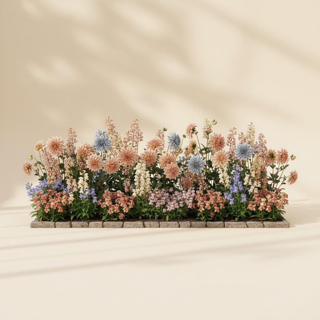 Rabatt med dahlia, rosenskära, luktärt i halvskugga – 6 m² snittblomsterbädd