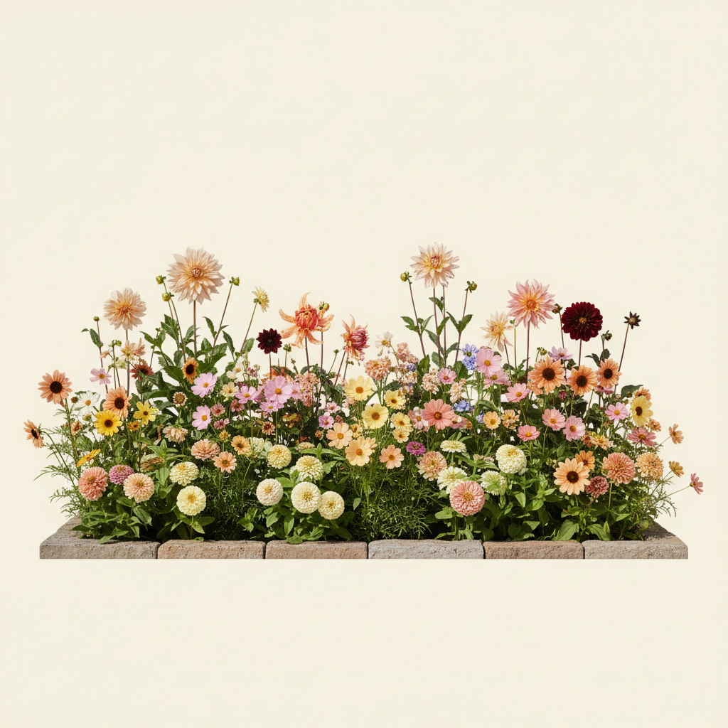 Rabatt med dahlia, zinnia, cosmos i full sol – 6 m² snittblomsterbädd