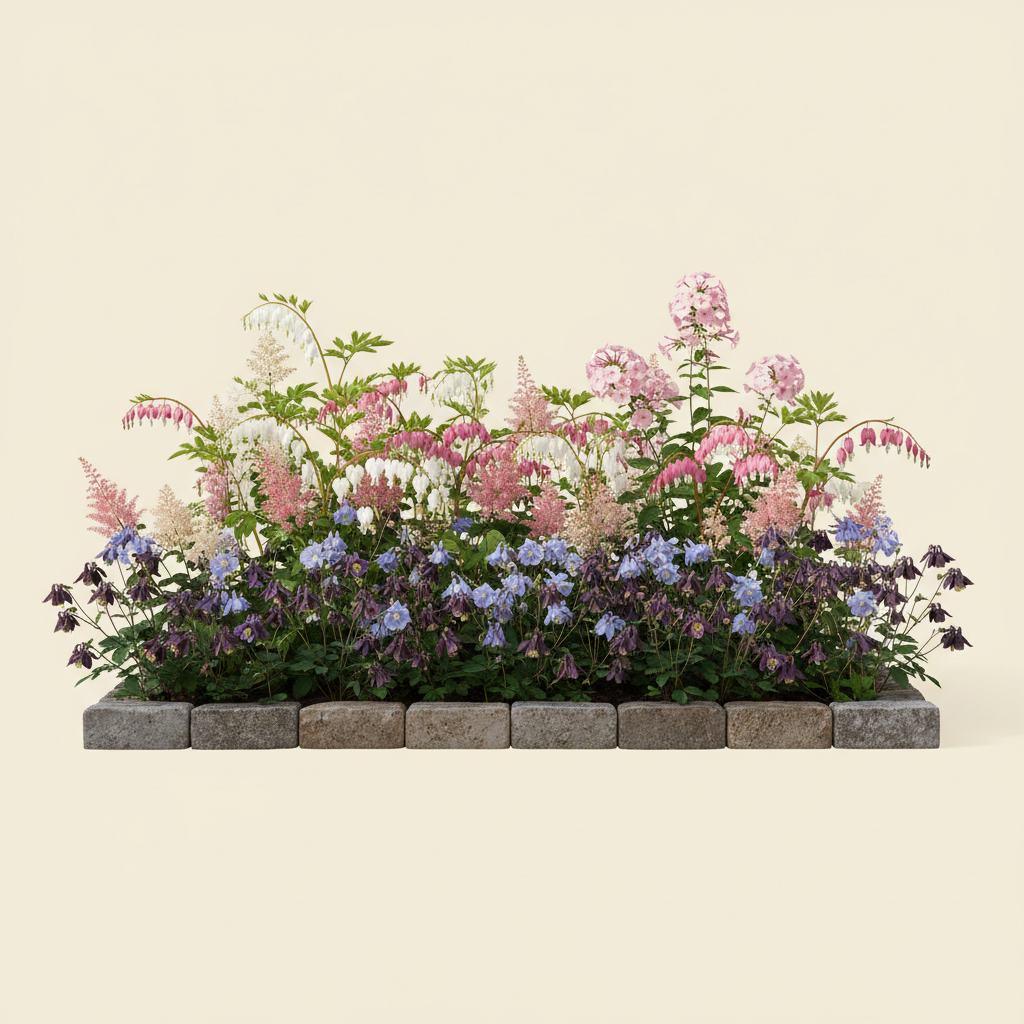 Rabatt med löjtnantshjärta, astilbe, höstflox i halvskugga – 6 m² perennrabatt