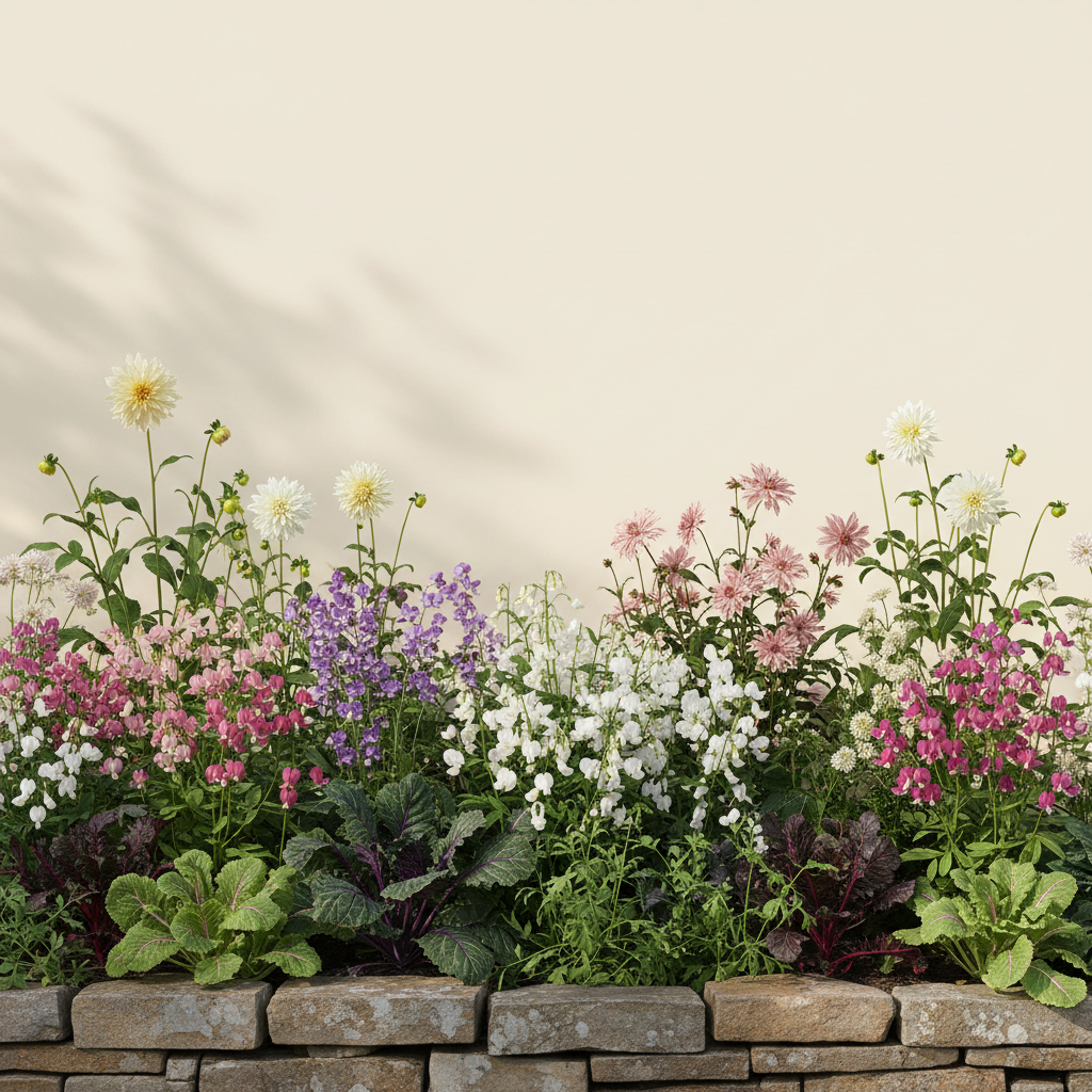 Rabatt med dahlia, rosenskära, luktärt i halvskugga – 6 m² blandad rabatt