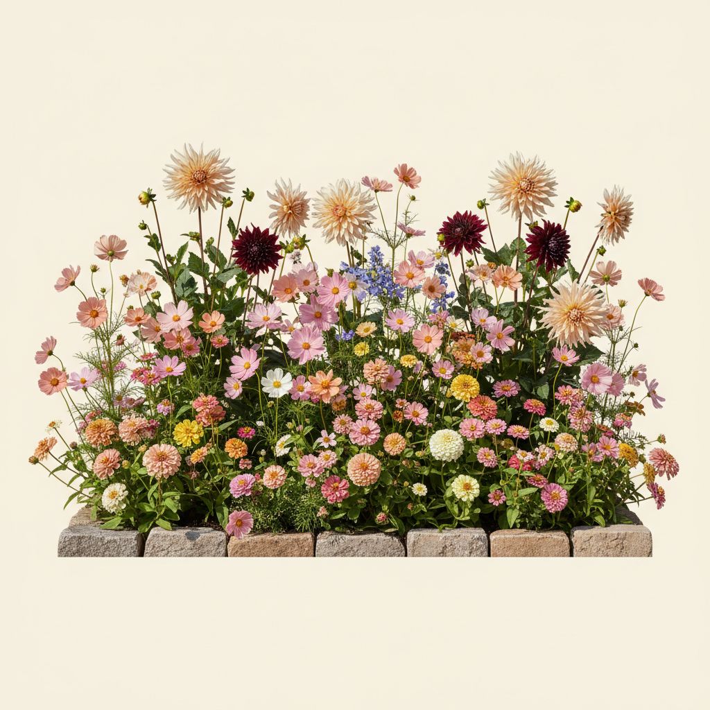 Rabatt med dahlia, zinnia, cosmos i full sol – 2 m² snittblomsterbädd