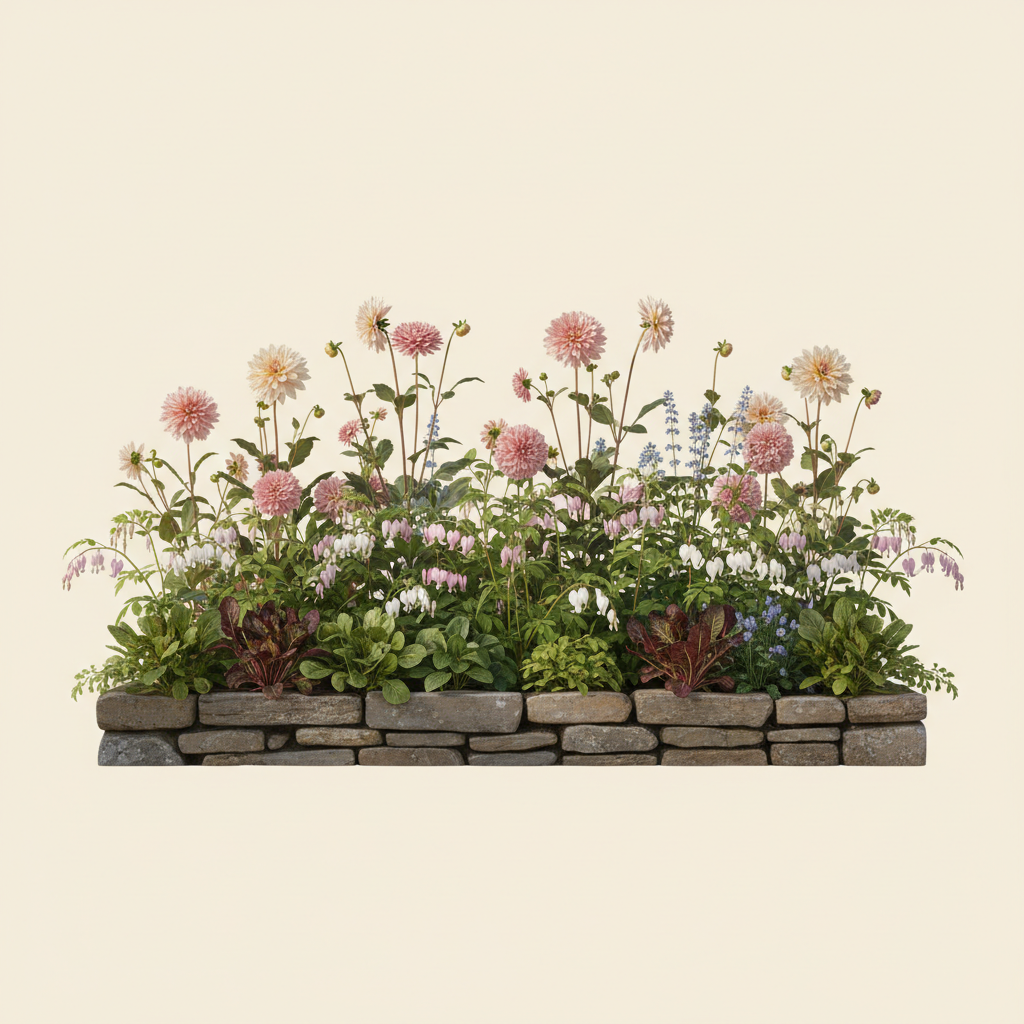 Rabatt med dahlia, rosenskära, trädgårdssallat i halvskugga – 2 m² blandad rabatt