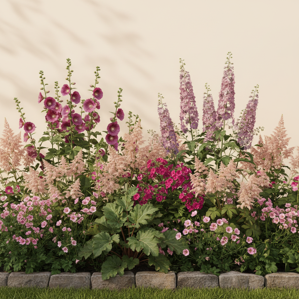 Rabatt med astilbe, flocknäva, riddarsporre i halvskugga – 18 m² perennrabatt