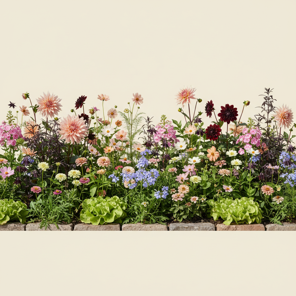 Rabatt med dahlia, zinnia, cosmos i full sol – 8 m² blandad rabatt
