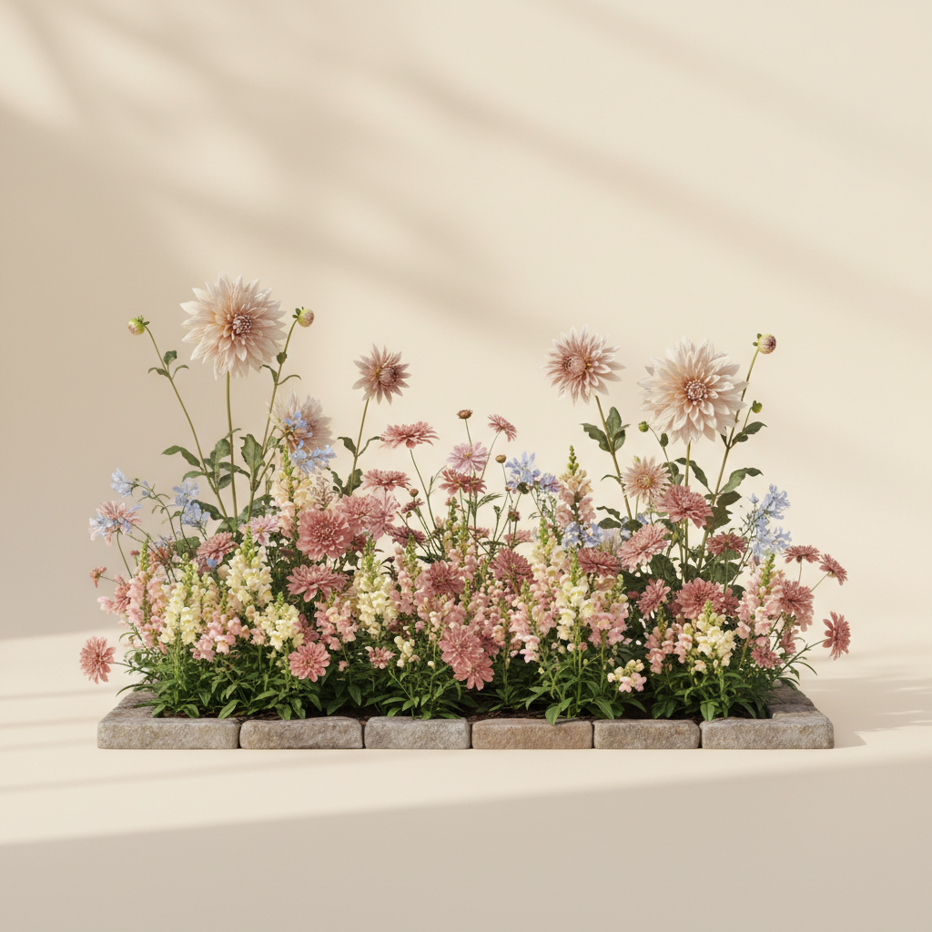 Rabatt med dahlia, rosenskära, lejongap i halvskugga – 2 m² snittblomsterbädd