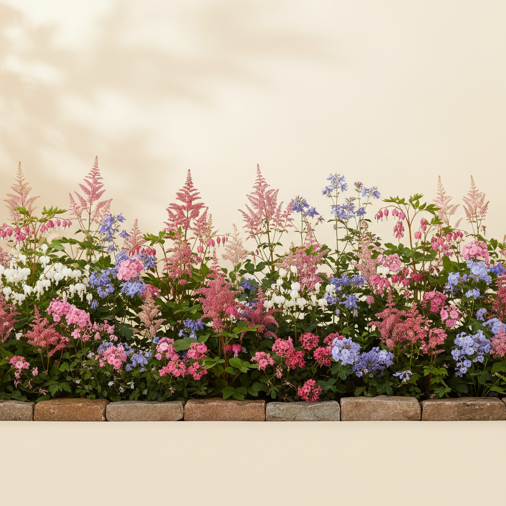 Rabatt med löjtnantshjärta, astilbe, höstflox i halvskugga – 60 m² perennrabatt