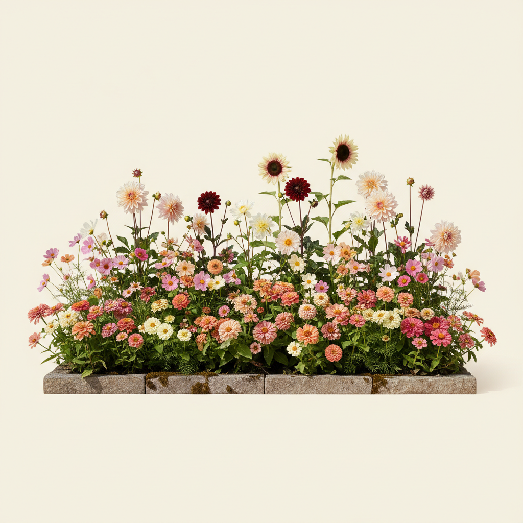 Rabatt med dahlia, zinnia, cosmos i full sol – 6 m² snittblomsterbädd