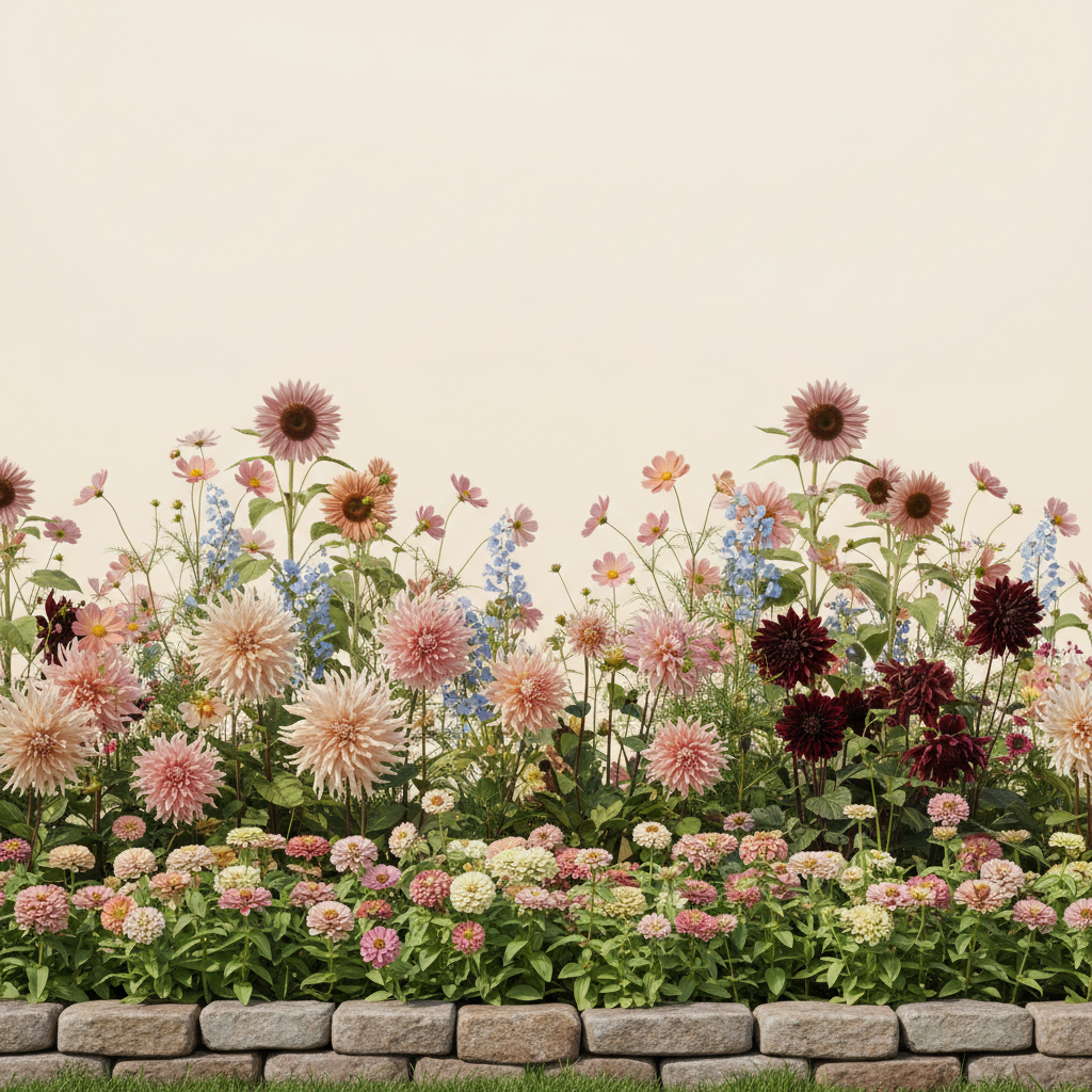 Rabatt med dahlia, zinnia, cosmos i full sol – 4 m² snittblomsterbädd