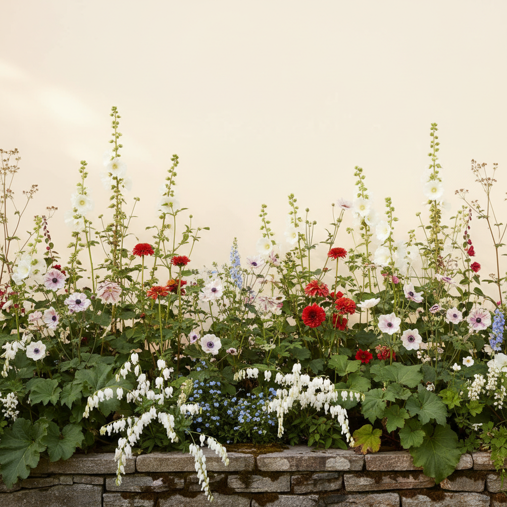 Rabatt med anemone, röd, stockros i halvskugga – 15 m² perennrabatt