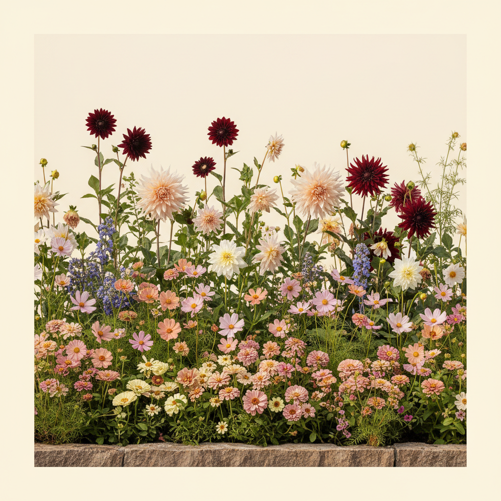Rabatt med dahlia, zinnia, cosmos i full sol – 8 m² snittblomsterbädd
