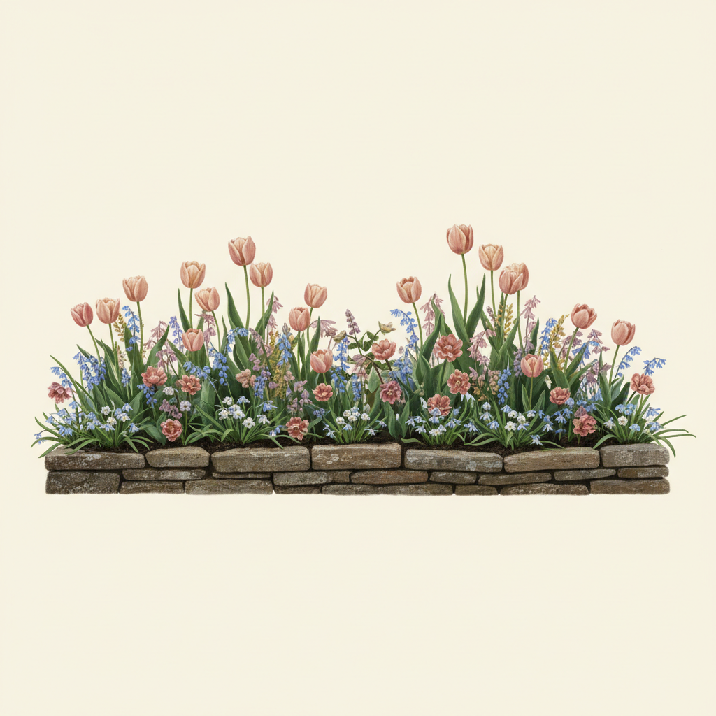 Rabatt med 'pink, scilla, snöstjärna i skugga – 6 m² autumnbulbs