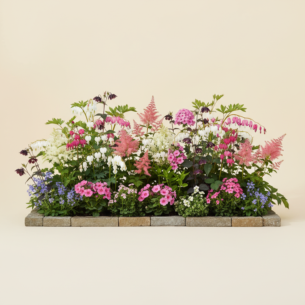 Rabatt med löjtnantshjärta, astilbe, höstflox i halvskugga – 6 m² perennrabatt