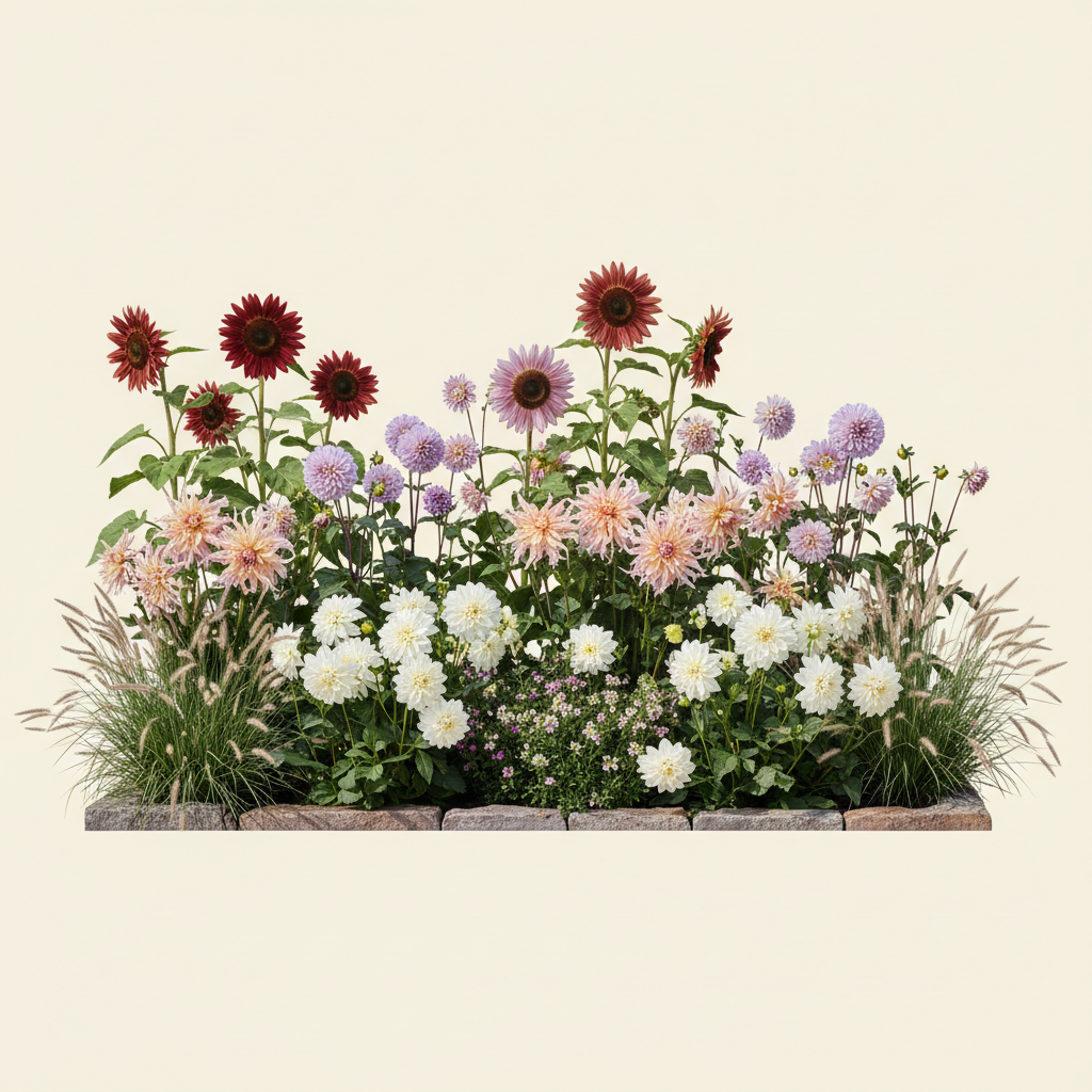 Rabatt med dahlia, solros, italienskt i full sol – 4 m² snittblomsterbädd