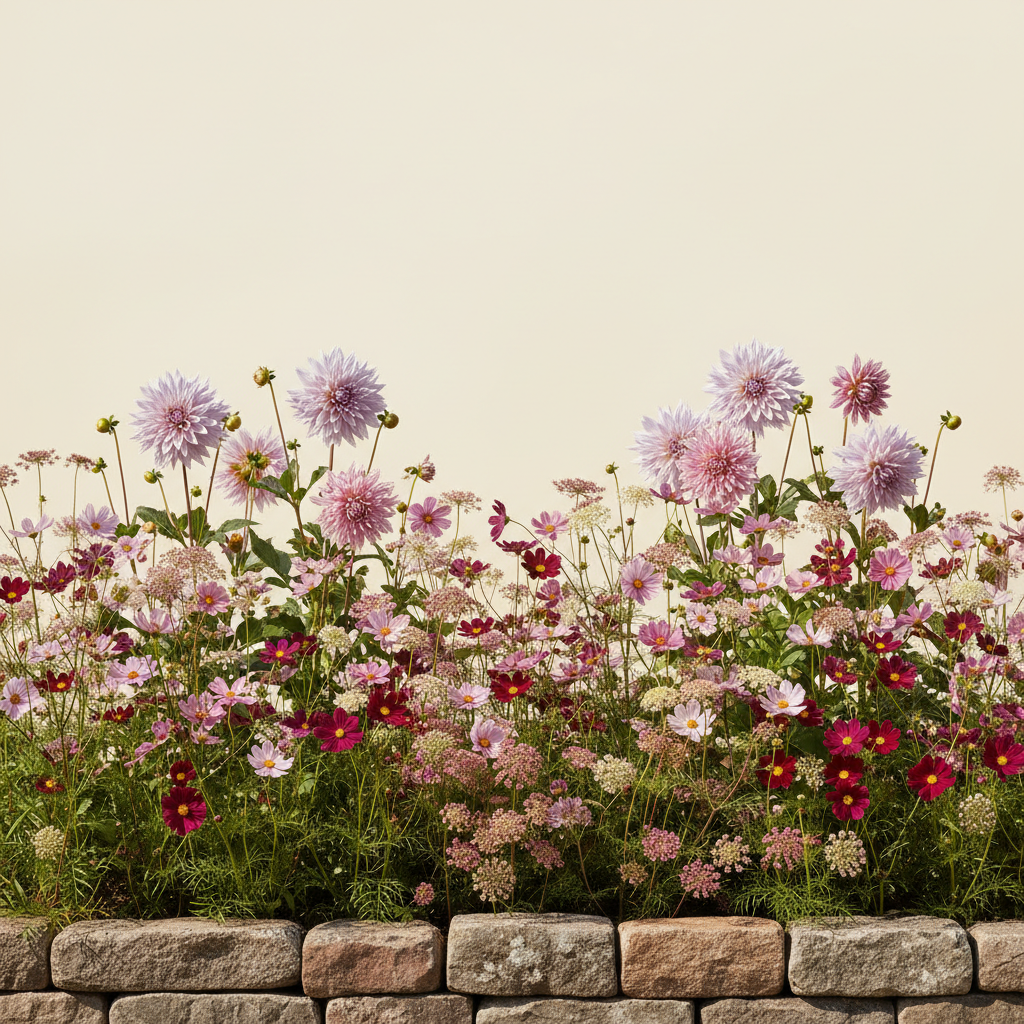 Rabatt med dahlia, vildmorot, cosmos i full sol – 2 m² snittblomsterbädd