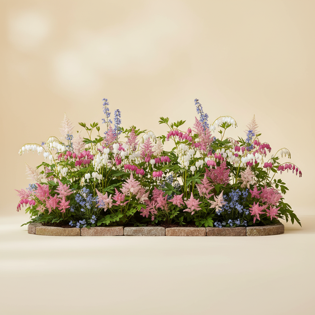 Rabatt med löjtnantshjärta, astilbe i halvskugga – 2 m² perennrabatt