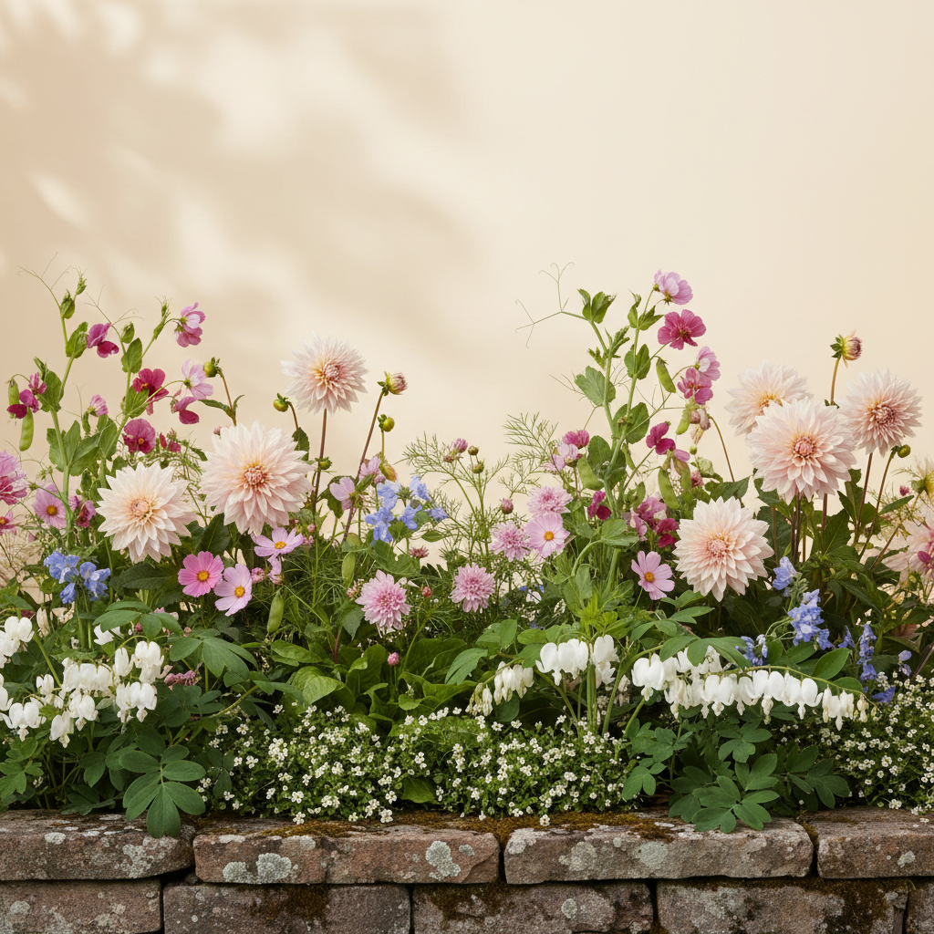 Rabatt med dahlia, rosenskära, trädgårdssallat i halvskugga – 2 m² blandad rabatt