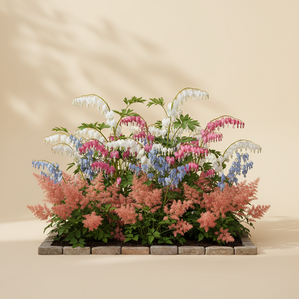 Rabatt med löjtnantshjärta, astilbe i halvskugga – 2 m² perennrabatt