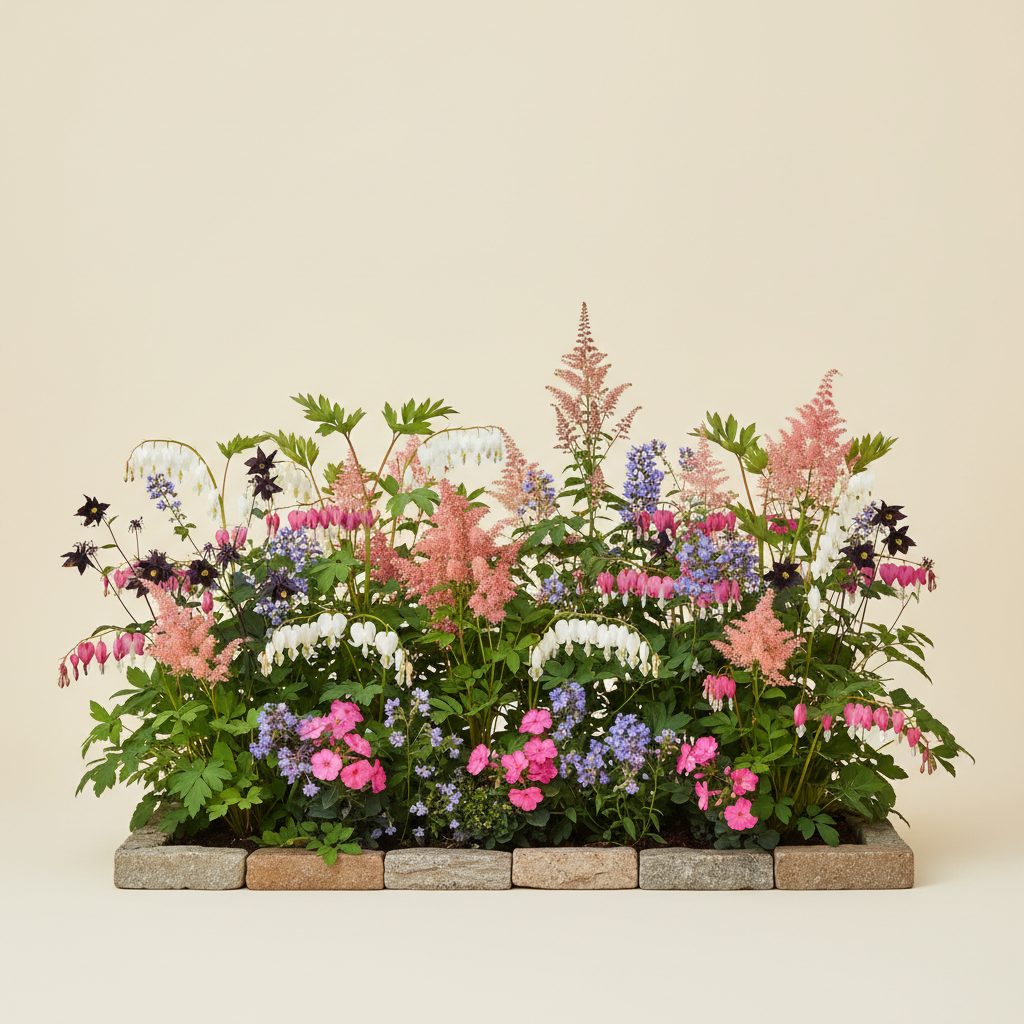 Rabatt med löjtnantshjärta, astilbe, höstflox i halvskugga – 7 m² perennrabatt