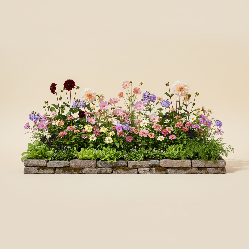 Rabatt med dahlia, zinnia, cosmos i full sol – 6 m² blandad rabatt