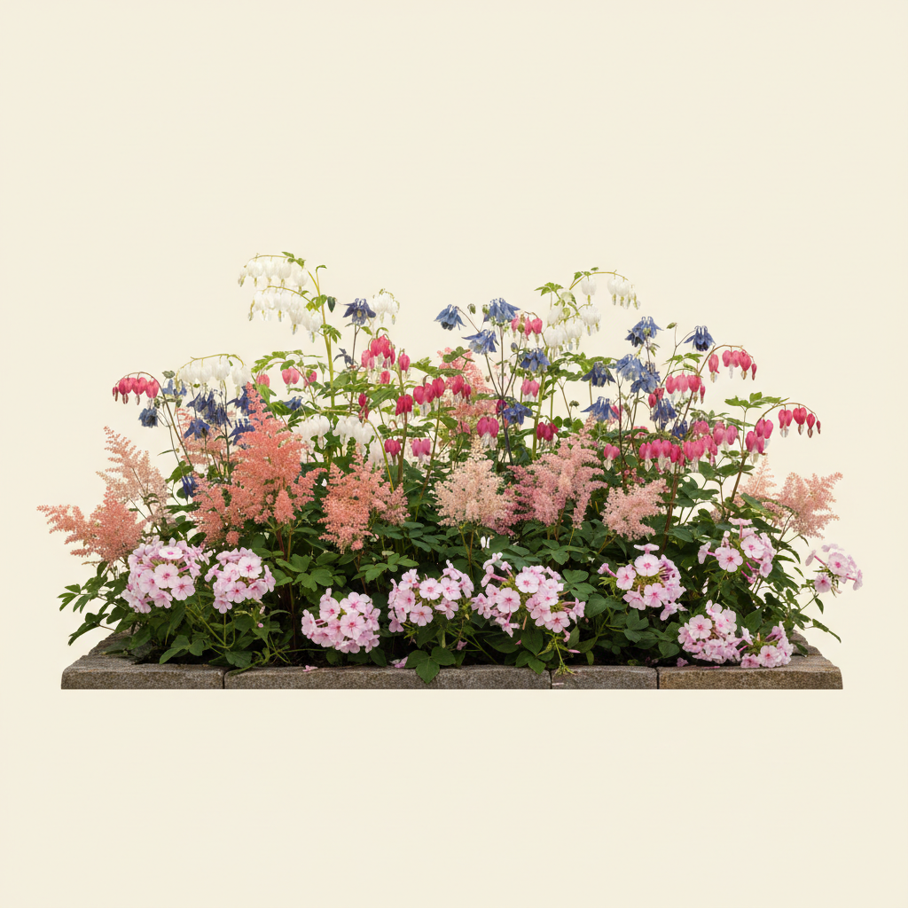 Rabatt med löjtnantshjärta, astilbe, höstflox i halvskugga – 10 m² perennrabatt