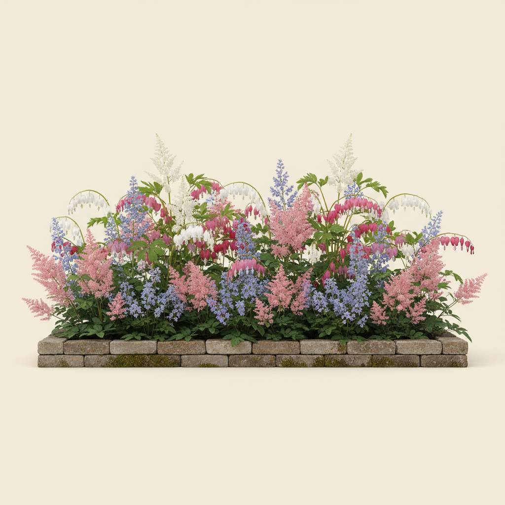 Rabatt med löjtnantshjärta, astilbe i skugga – 4 m² perennrabatt