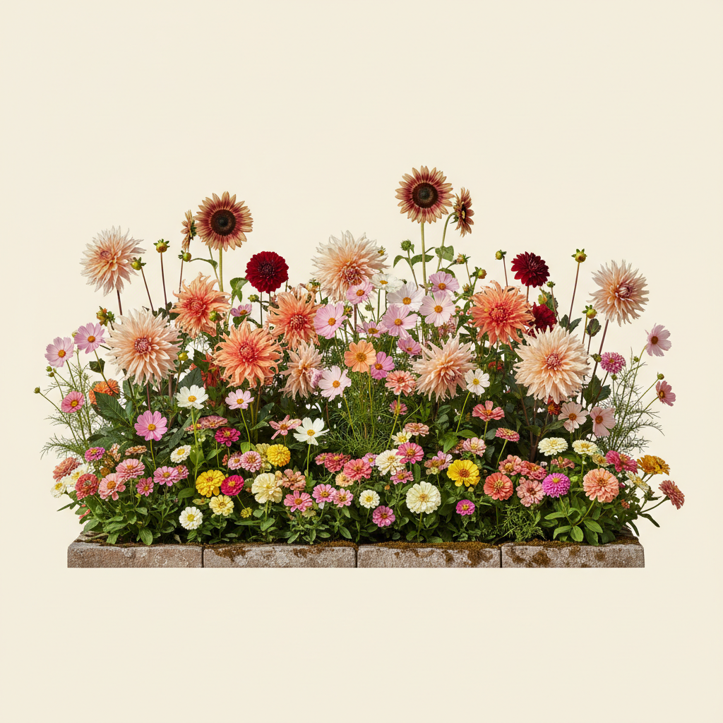 Rabatt med dahlia, zinnia, cosmos i full sol – 6 m² snittblomsterbädd