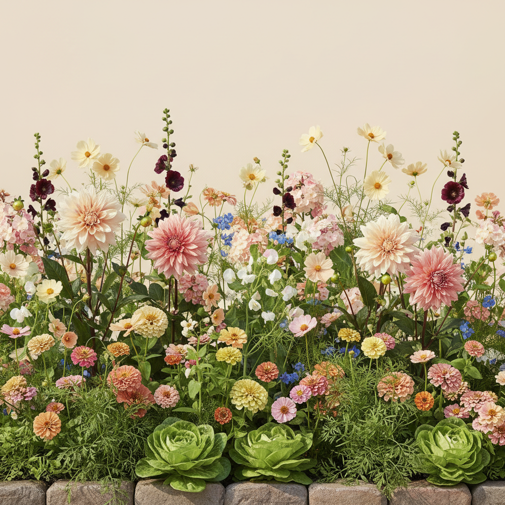 En liten 6 m² bädd i full sol — planerad för en blandning av blommor och grönsaker. Här samsas Dahlia 'Cafe au Lait', Dahlia 'Labyrinth', Zinnia 'Lilliput Mix' (frö), Cosmos 'Apricot Lemonade' (frö), Trädgårdssallat 'Salat Mix Mesclun' (BIO frö), Morot 'Autumn King 2' (BIO frö), Sockerärta 'Grijze Roodbloeiende' (BIO frö), Höstflox 'Brilliant Eye' och Stockros 'Nigra', valda för att trivas tillsammans.