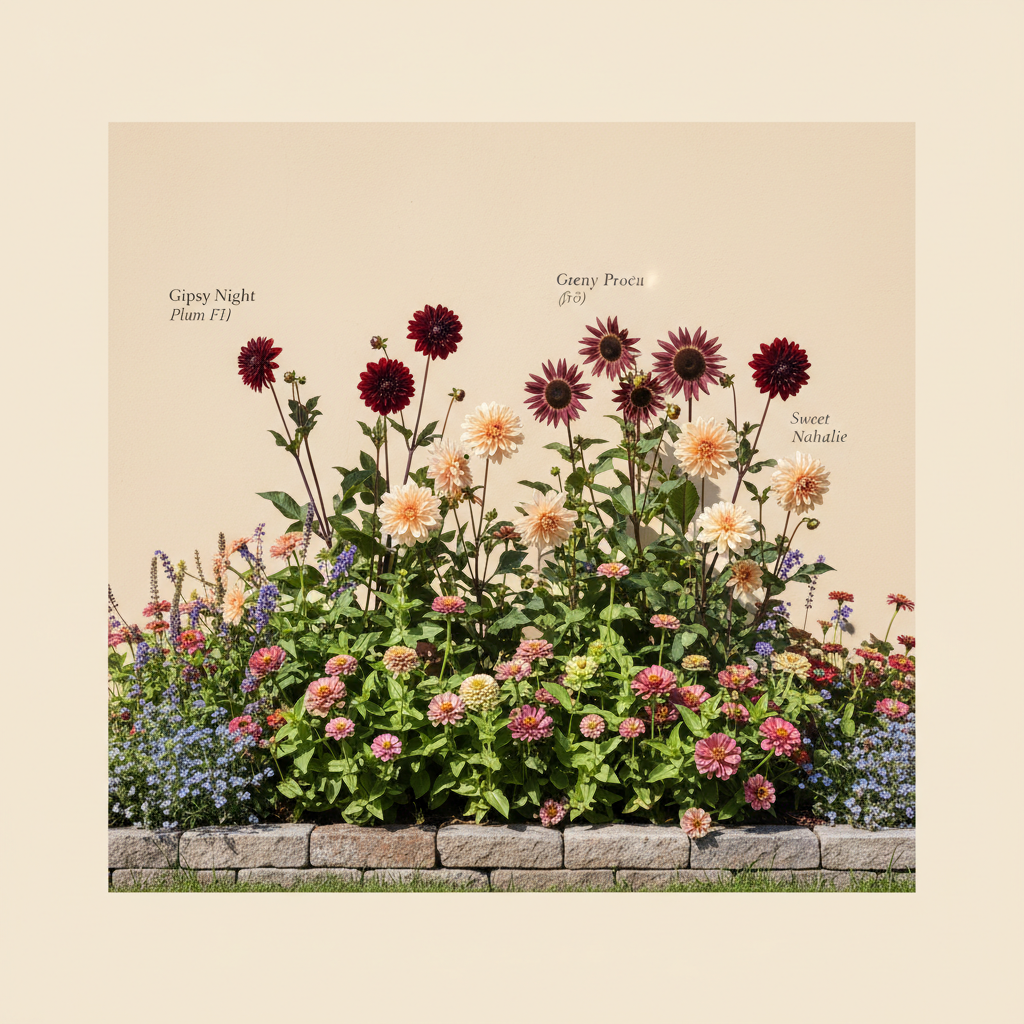 Rabatt med dahlia, zinnia, solros i full sol – 1 m² snittblomsterbädd