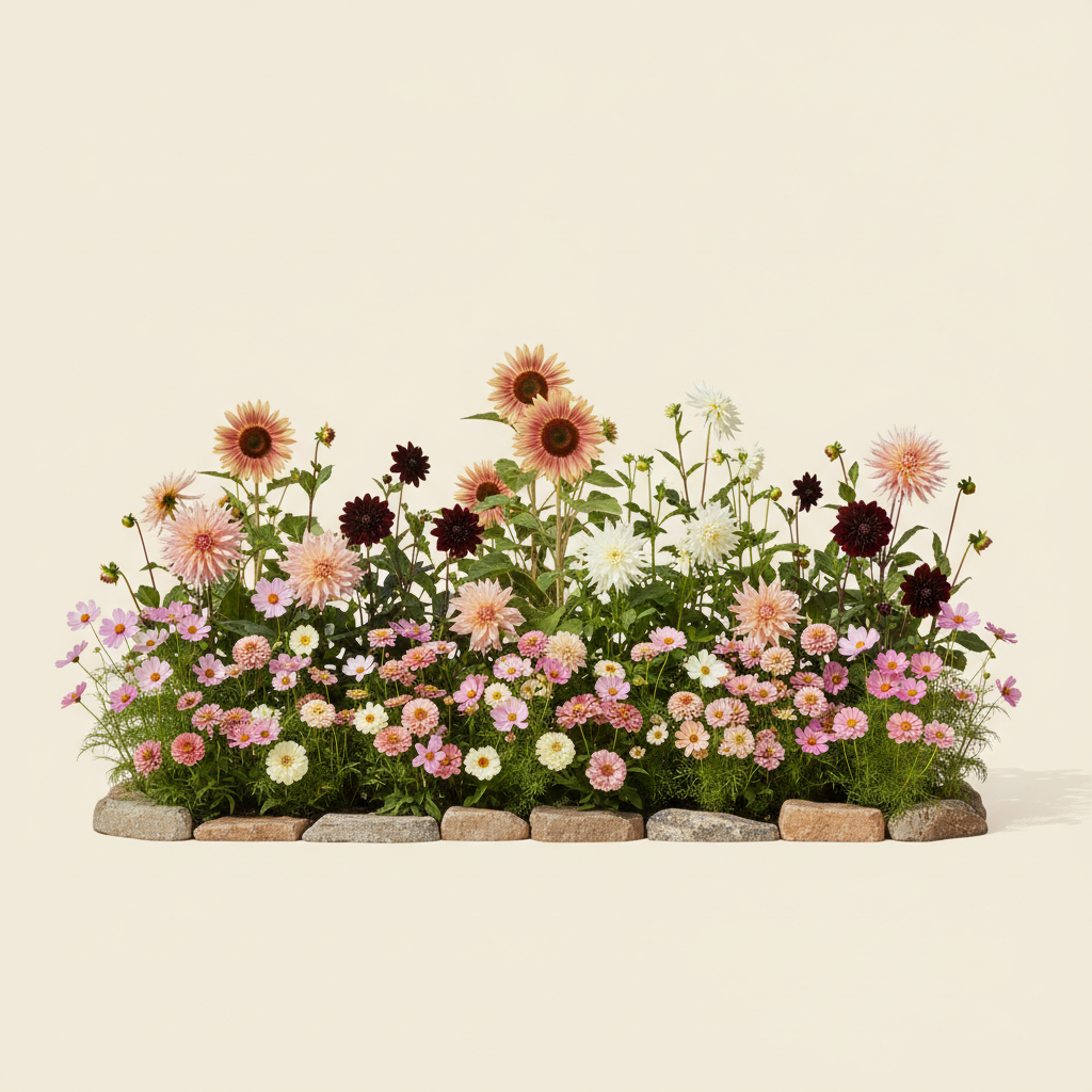 Rabatt med dahlia, zinnia, cosmos i full sol – 6 m² snittblomsterbädd