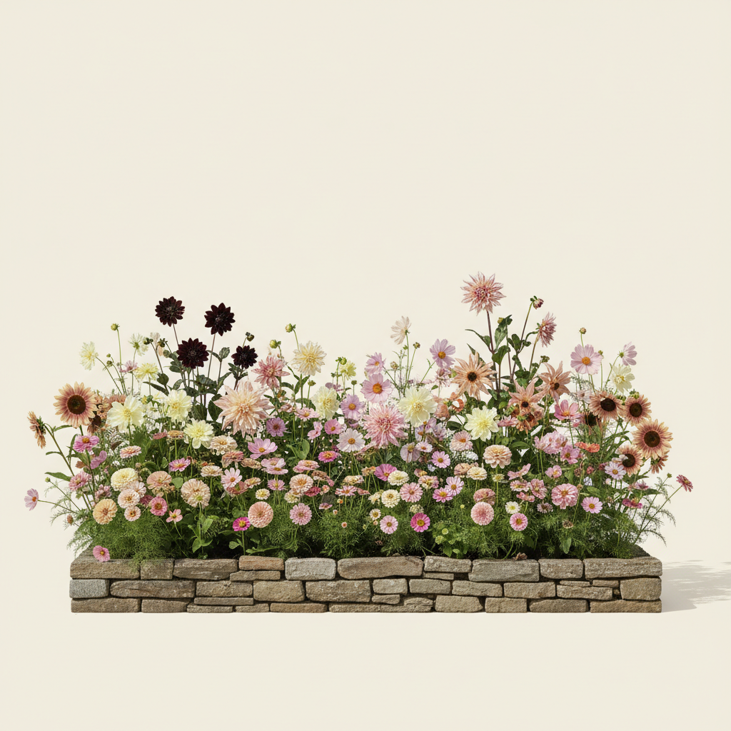 Rabatt med dahlia, zinnia, cosmos i full sol – 6 m² snittblomsterbädd