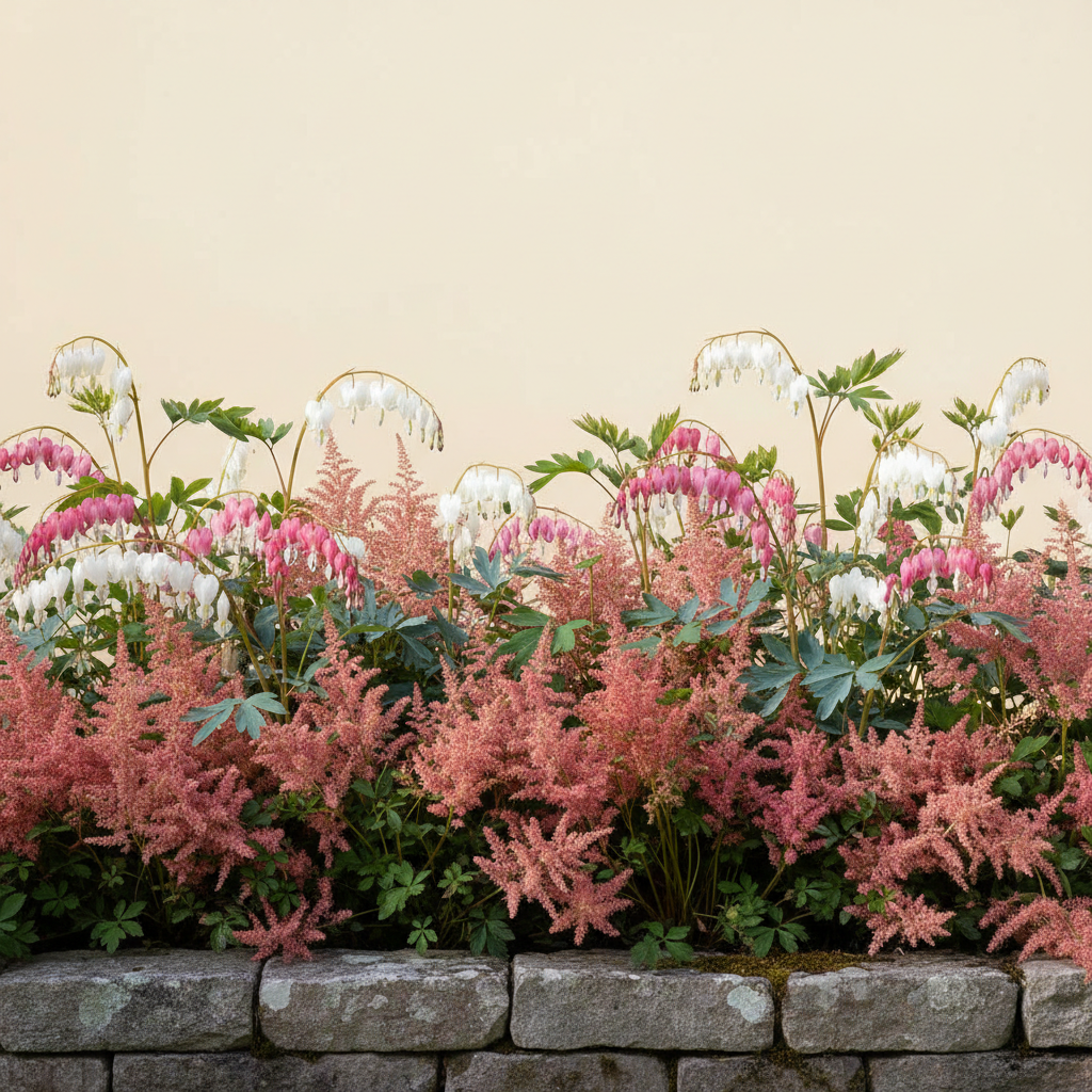 Rabatt med löjtnantshjärta, astilbe i halvskugga – 1 m² perennrabatt