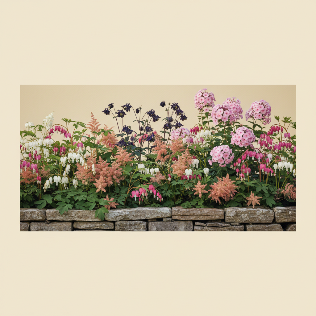 Rabatt med löjtnantshjärta, astilbe, höstflox i halvskugga – 7 m² perennrabatt