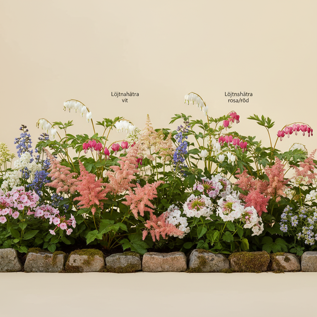 Rabatt med löjtnantshjärta, astilbe, höstflox i halvskugga – 4 m² perennrabatt