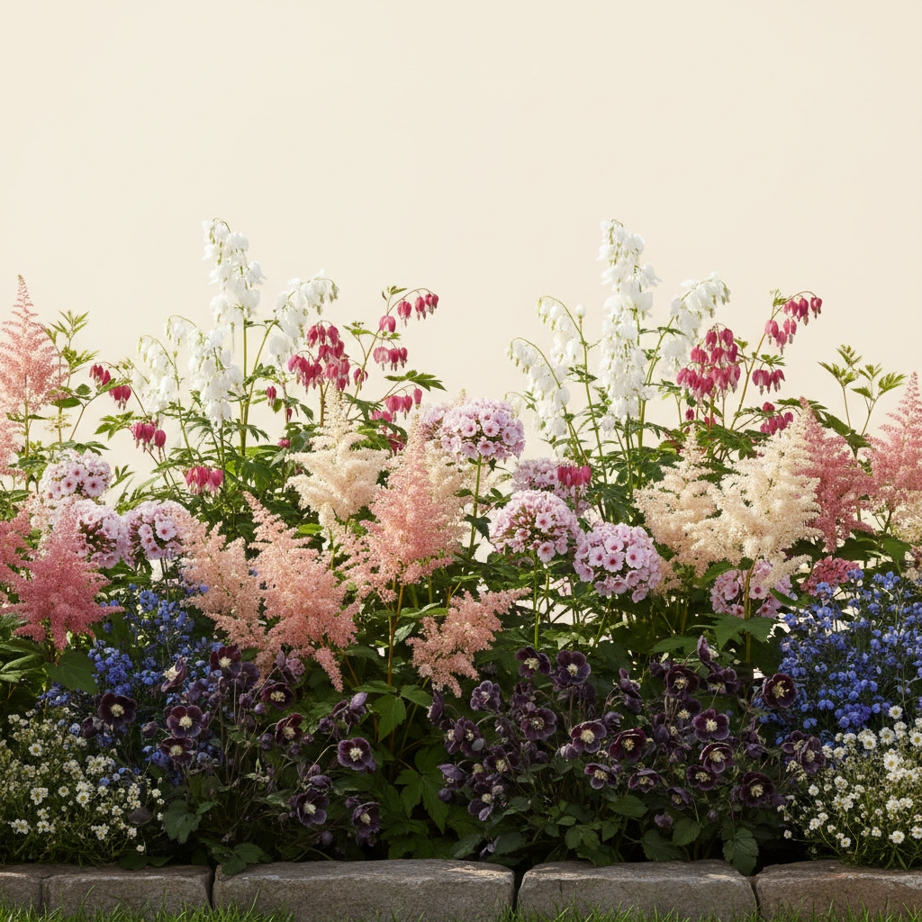 Rabatt med löjtnantshjärta, astilbe, höstflox i halvskugga – 5 m² perennrabatt