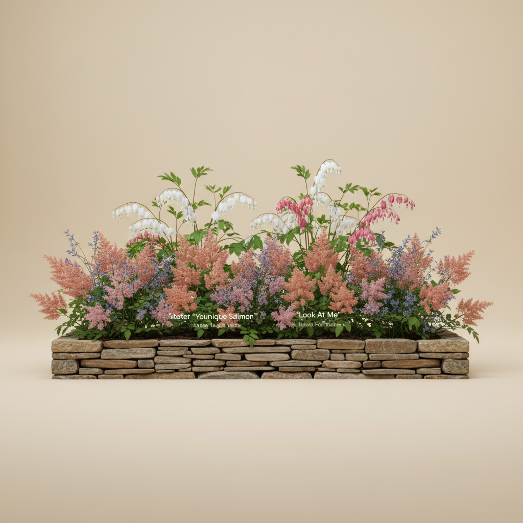 Rabatt med löjtnantshjärta, astilbe i skugga – 4 m² perennrabatt