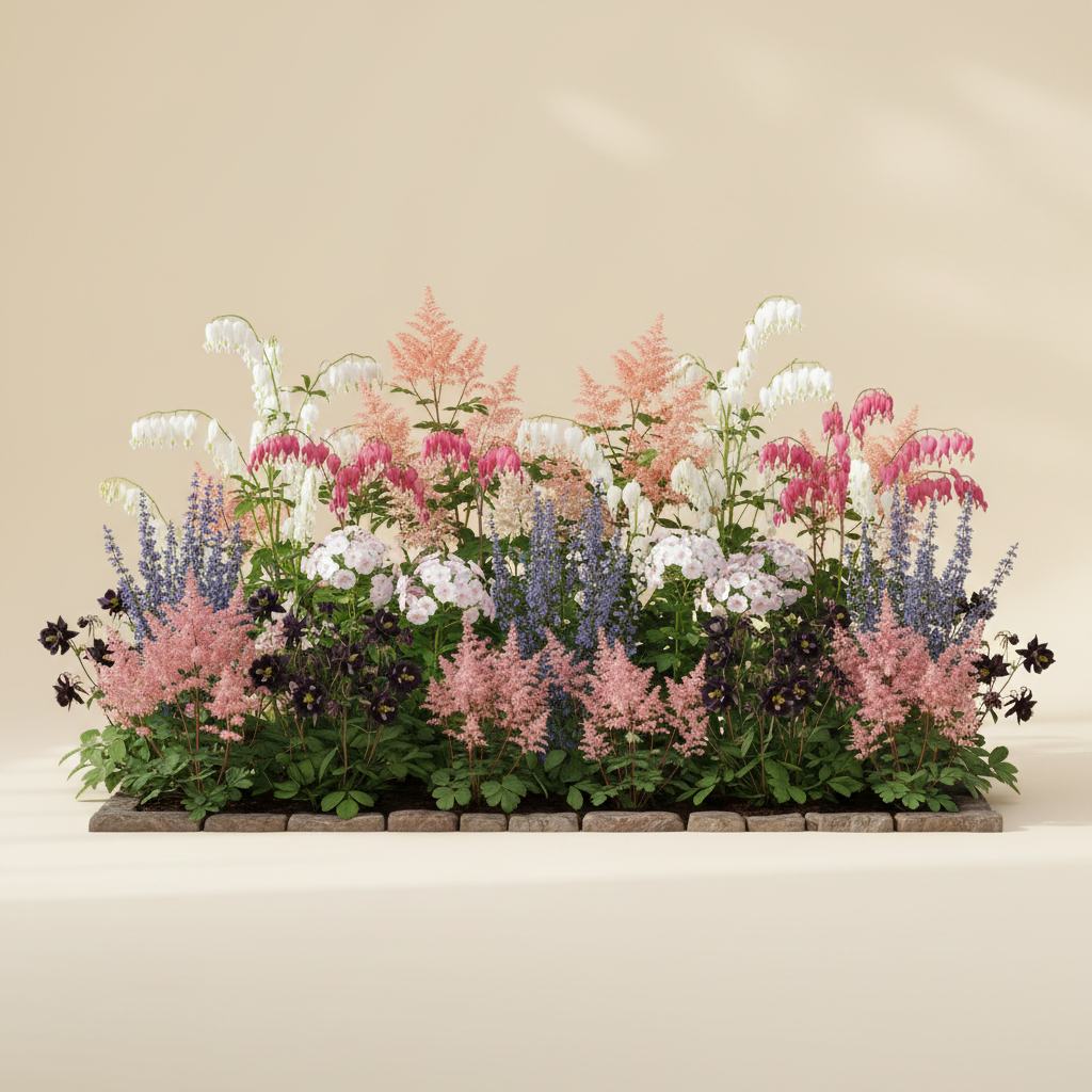 Rabatt med löjtnantshjärta, astilbe, höstflox i halvskugga – 16 m² perennrabatt