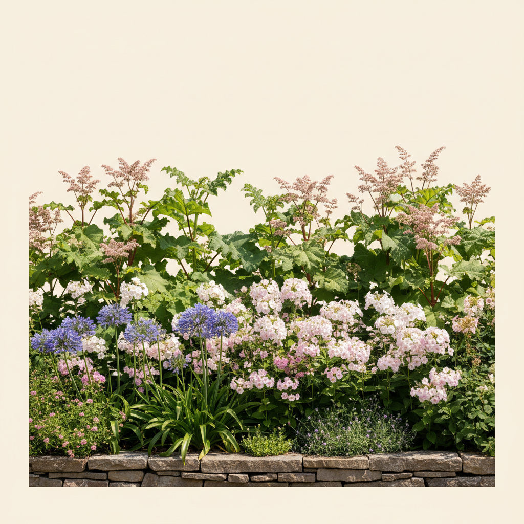 Rabatt med rabarber, höstflox, agapanthus i full sol – 2 m² perennrabatt