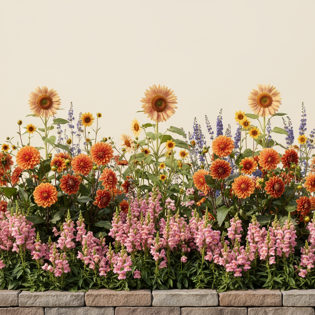 Rabatt med dahlia, solros, lejongap i full sol – 2 m² snittblomsterbädd