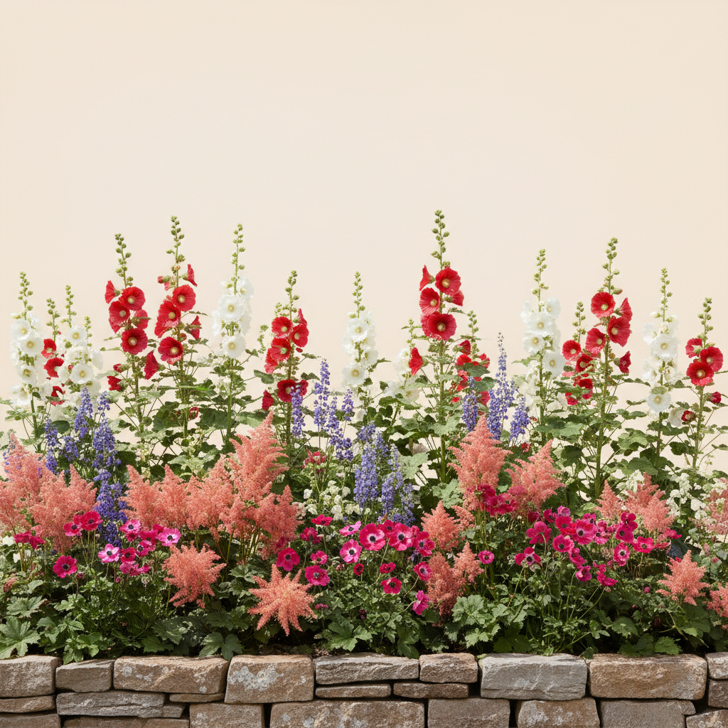 Rabatt med stockros, astilbe, anemone i full sol – 4 m² perennrabatt