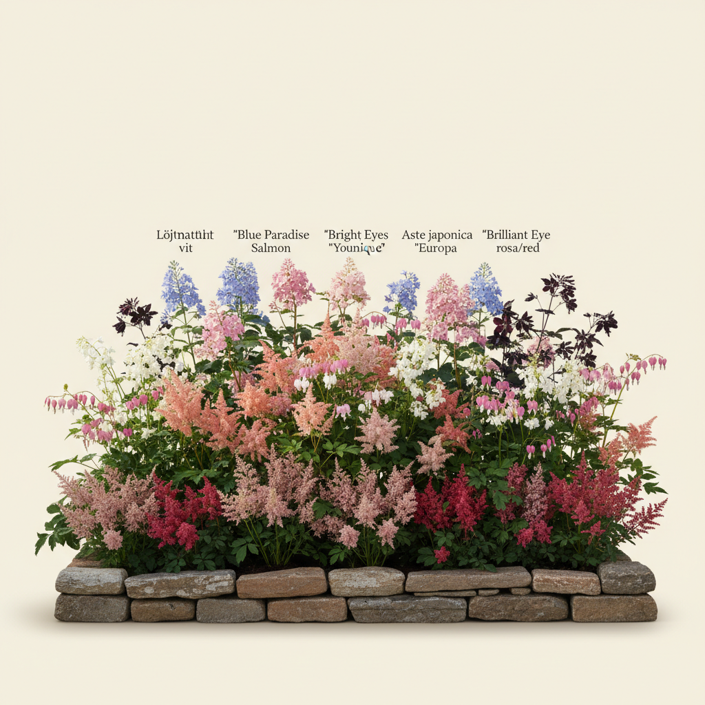 Rabatt med löjtnantshjärta, astilbe, höstflox i halvskugga – 60 m² perennrabatt