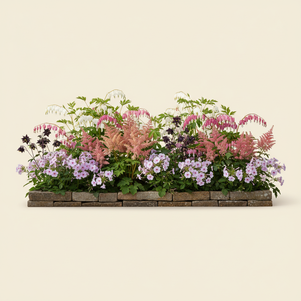Rabatt med löjtnantshjärta, astilbe, höstflox i halvskugga – 6 m² perennrabatt