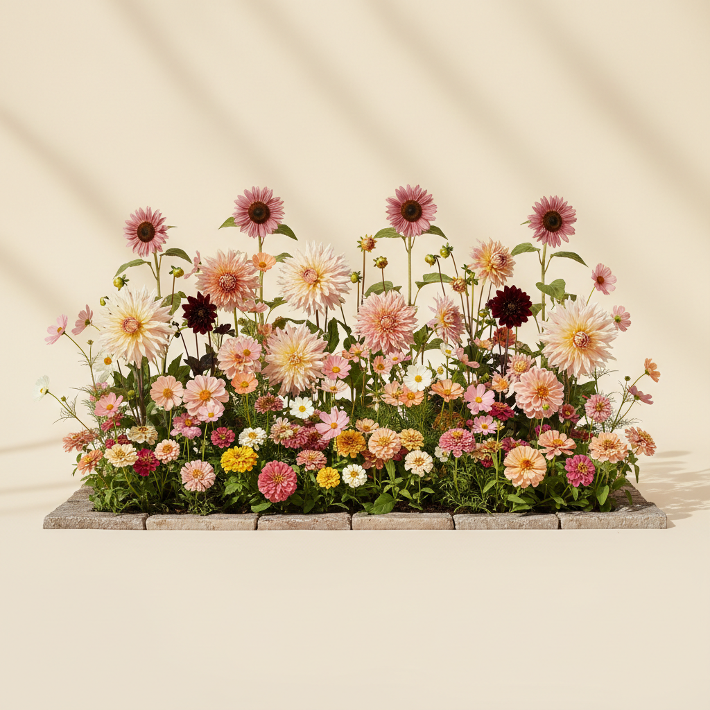 Rabatt med dahlia, zinnia, cosmos i full sol – 6 m² snittblomsterbädd