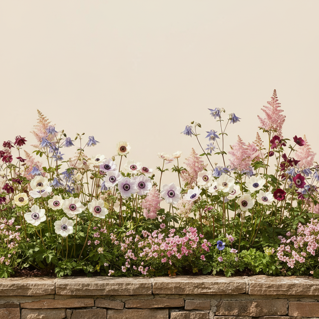 Rabatt med anemone, anemon, astilbe i full sol – 6 m² perennrabatt