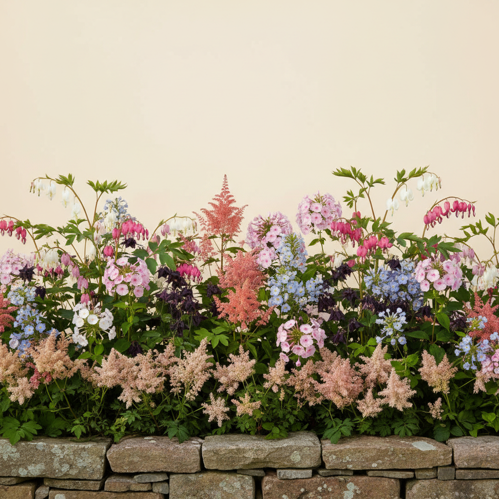 Rabatt med löjtnantshjärta, astilbe, höstflox i halvskugga – 12 m² perennrabatt